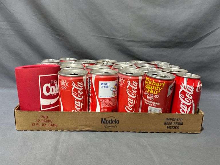 Coca-Cola can assortment, Enjoy Coke can koozie (all empty cans)