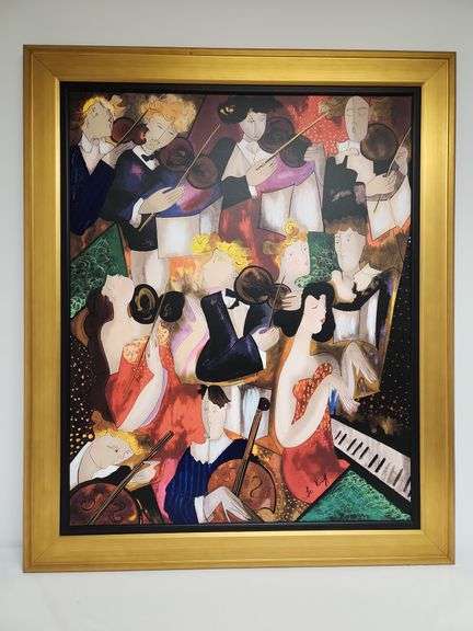 Framed "L'Orchestra FOU" Giclee on canvas with hand embellishments, artist signed and numbered 39" W x 45"H, frame has scuffs