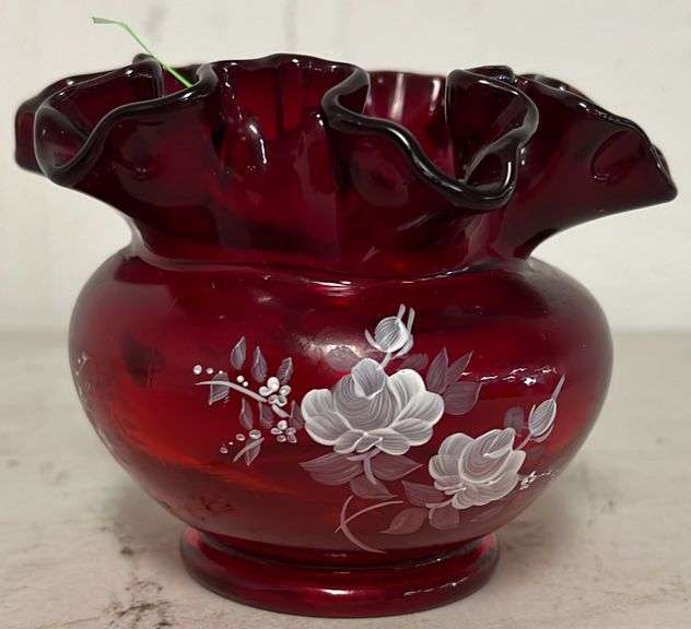 Fenton Ruby Red Glass Mini Vase Hand Painted Ruffled Edge 4 1/2x3 ...