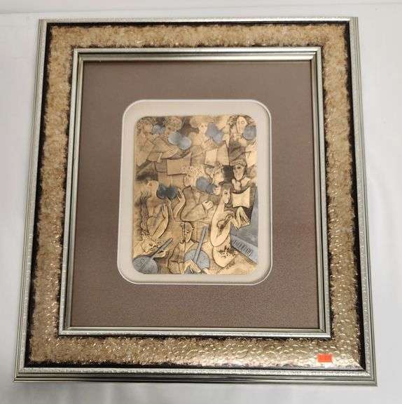 Ornate Framed "L'Orchestre FOU" hand hammered relief pewter on bronze, artist signed 21"W x 24"H