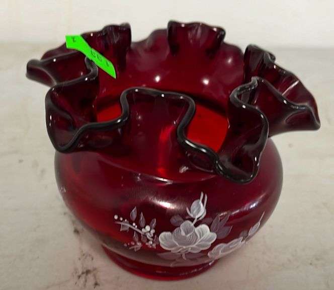 Fenton Ruby Red Glass Mini Vase Hand Painted Ruffled Edge 4 1/2x3 ...