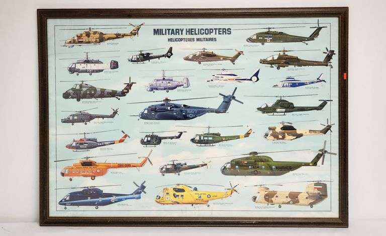 Military Helicopters framed wall art 41"W x 29"H, frame has some damage
