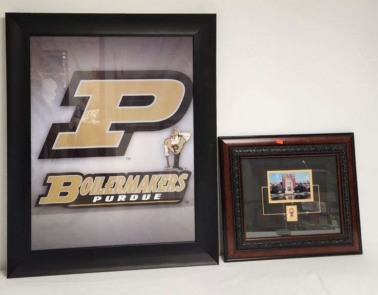Purdue Boilermakers wall art 27-1/2" W x 33"H and Photo of Purdue University Campus with Indiana Sesquicentennial 5 cent stamp 19-1/2" W x 17"H