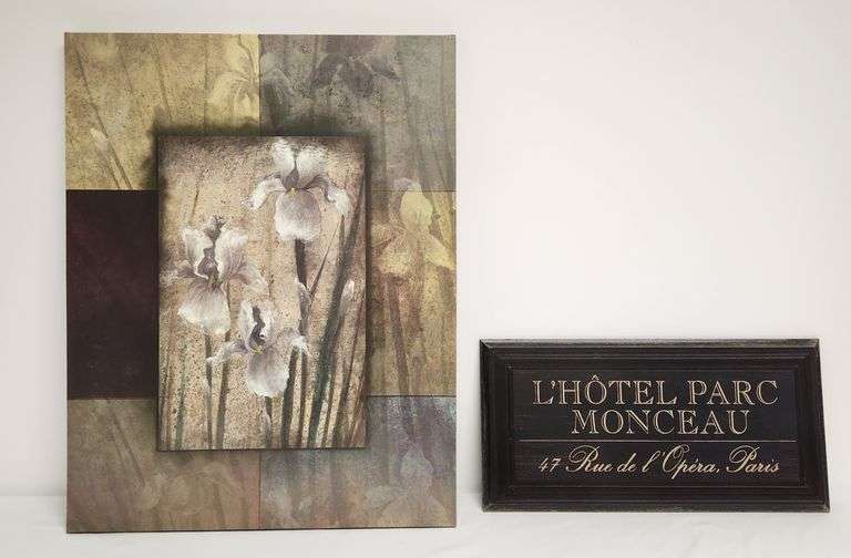Floral Canvas wall art 22" × 28" and "L'Hotel Parc Monceau" Paris wood wall sign 21"x 11"