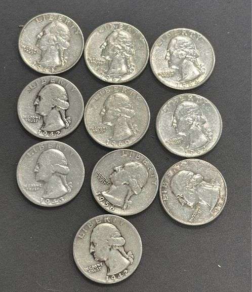 10 Washington Quarters 1942-1964