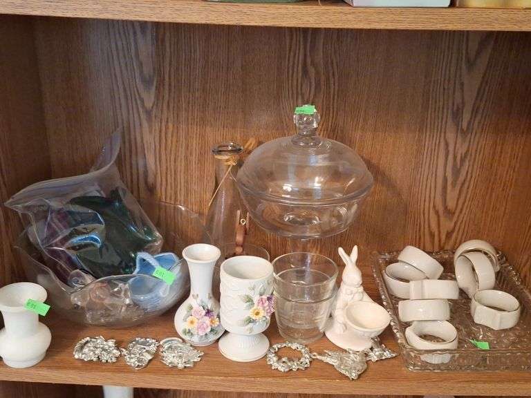 Ornaments, compote, glassware assortment, collectibles assortment as ...