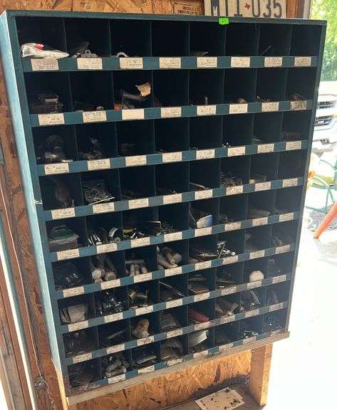 Metal Organizer and Contents inc. bolts and hardware - buyer to remove from wall 11.75”x35.25”x 42”