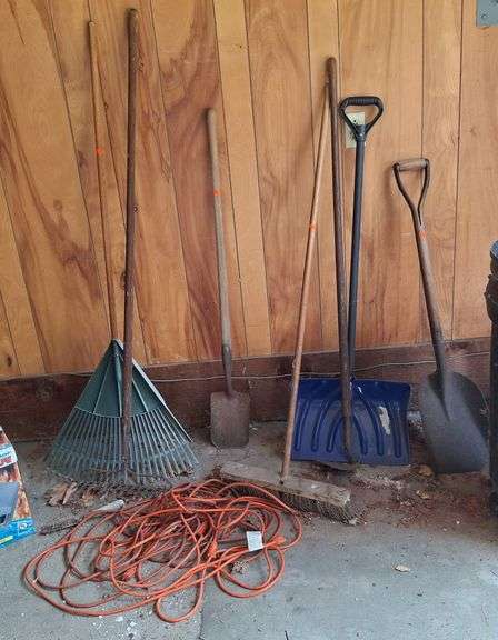 Garden Tool Assortment Inc. Rakes, Shovels, Broom, Hoe, Extension Cord