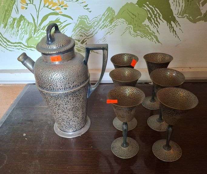 6 - Nickel Silver Plate Stemmed Cups 5.5" & Nickel Silver Plate Pitcher 10.5"