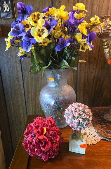 Faux Flowers with vase 15”, rose ball, ceramic flower decor 6”