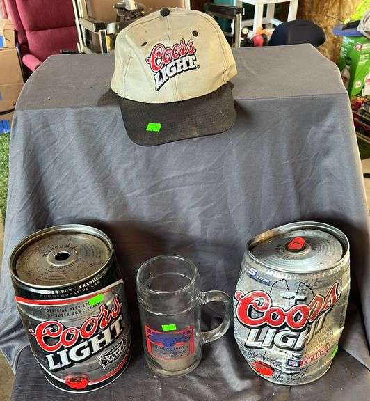 2 Coors Light  mini Kegs 10” one damaged, Budweiser Beer Stein 8”, Coors Light Hat