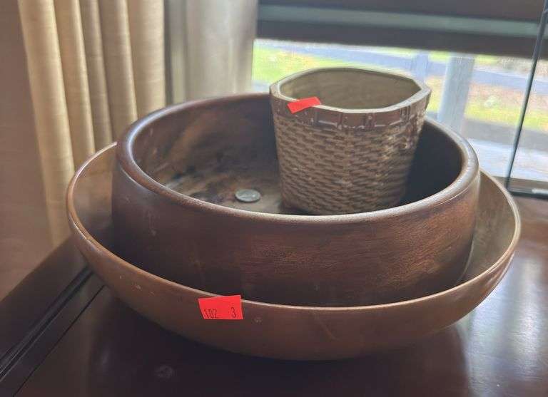 Wood Bowls 12” & 9” and ceramic planter 4”x5”