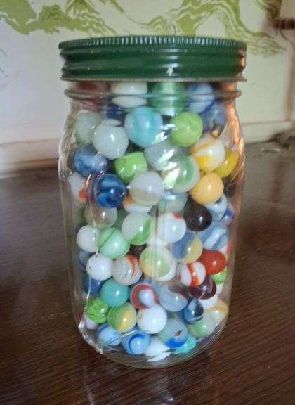 Marble Assortment in Raggedy Ann Jar (cracked)