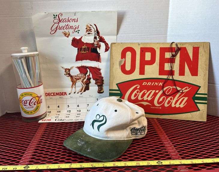 Coca-Cola calendar, straw holder, baseball cap, open/closed sign ...