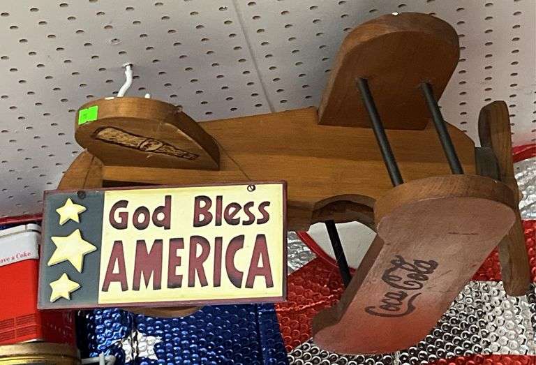 Wood Coca-Cola airplane 16x13" & God Bless America Hanging Sign