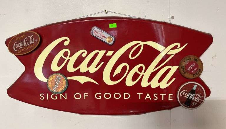 Modern Coca-Cola boat tail  style metal sign "Sign of Good Taste" 24x12" with Coca-Cola magnets inc. Drink