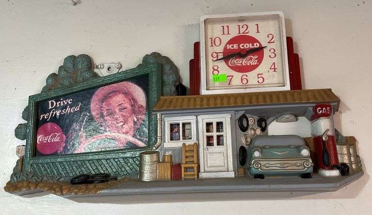 Ice Cold Coca-Cola  plastic  decor  Clock battery operated gas station 21x11"