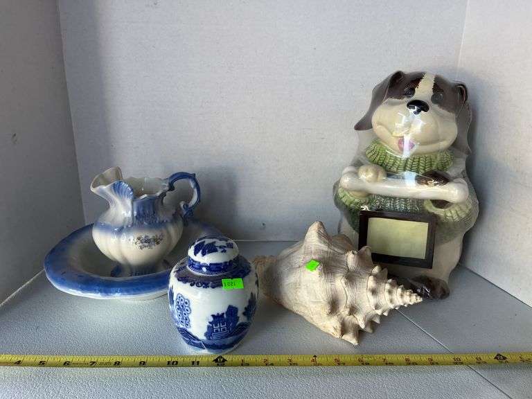 Sea shell, porcelain ginger jar, pitcher and basin, dog cookie jar