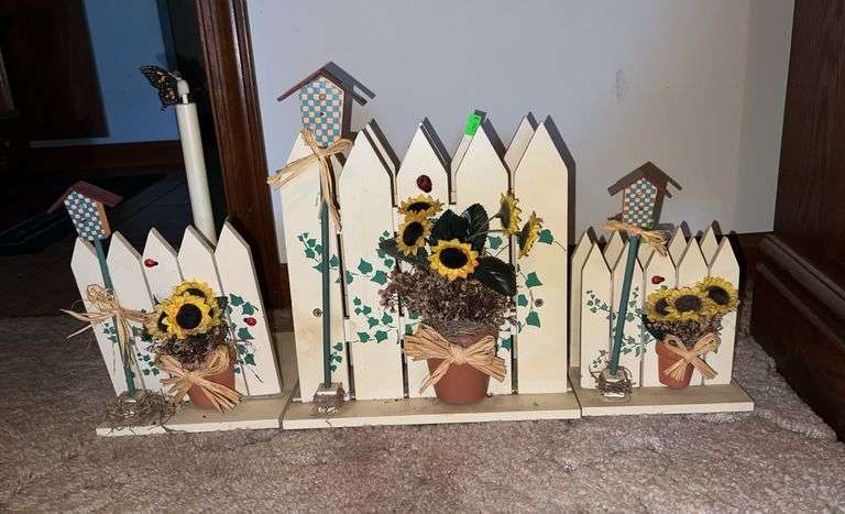 Picket Fence Decor with Bird Houses 9.5”, 13.5”, 14”