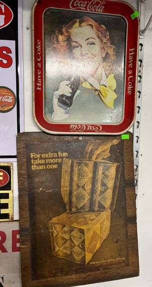 Drink Coca-Cola "Have a Coke" tray 10.5x13" and wood panel with "For extra fun, take more than on" Coke  advertising  sheet 12x16"