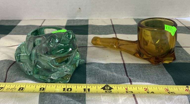 Amber glass pipe and frog candle holder