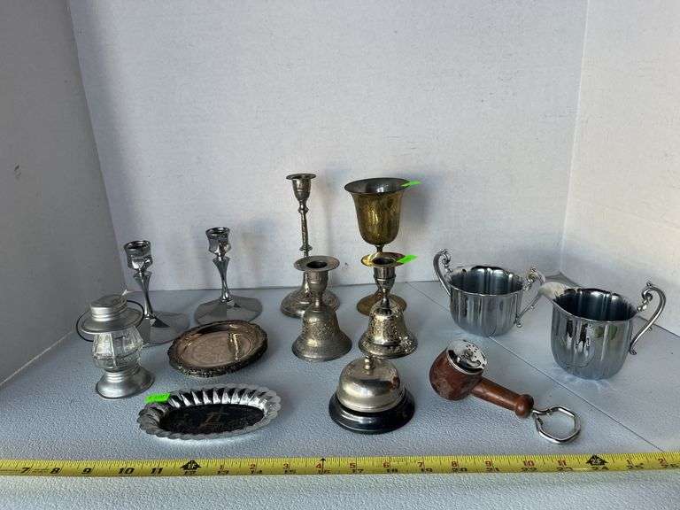 Aluminum, plated, candle holders, service bell, cream and sugar