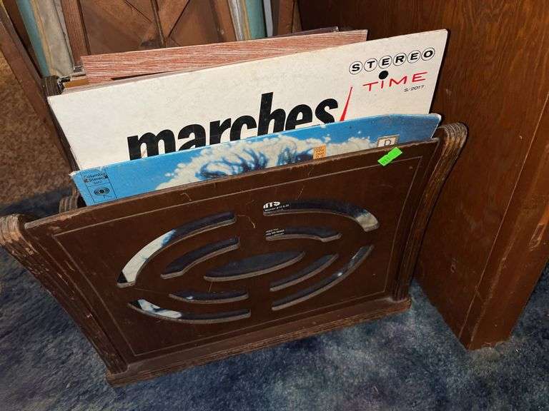 Wood magazine rack with record album assortment Inc Amy Grant, holiday ...