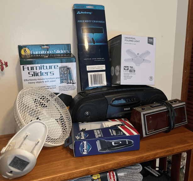 Clip On Fan, RCA Radio, Barbasol Rechargeable Shaver, Furniture Sliders, Folding Light Bulb