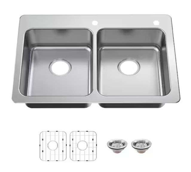 Glacier Bay
Bratten 33 in. Drop-In 50/50 Double Bowl 18 Gauge Stainless Steel Kitchen Sink with Accessories