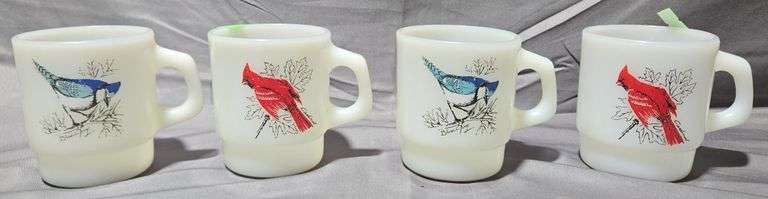 (4) Fire king coffee cups with Birds , 3.5"