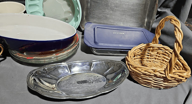 Woven Basket, TAG Water Pitcher, Mug, Pyrex Pie Plate, Bundt Pan, Cake ...