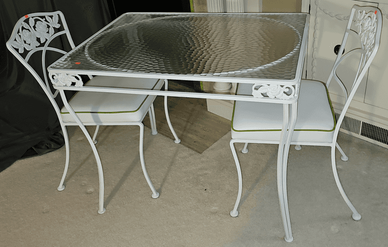 Wrought Iron Glass Top Table, glass is textured on one side & (2) Wrought Iron Chairs with Vinyl Seats 25x35”