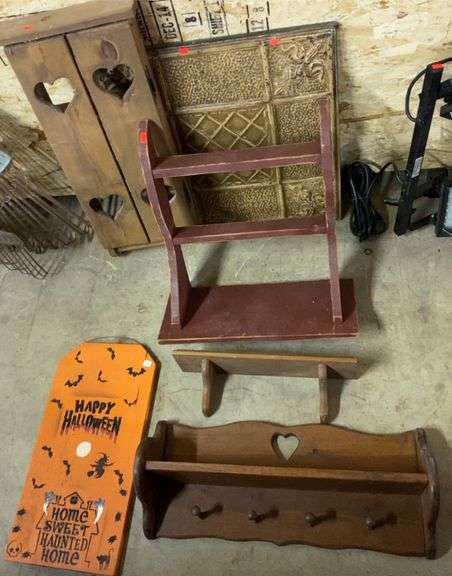 (3) Wood wall hanging shelves and Halloween Decor