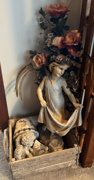 Plastic Statue 20", Wood Tote Box 12x10x5", Candle Holders