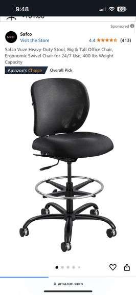 Safco Black Heavy Duty Stool, Big and Tall Office Chair  3394BL