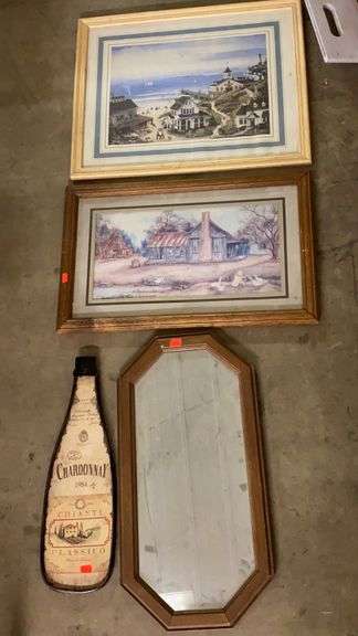 (2) Framed prints, wall decor and framed mirror