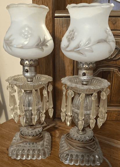 2 Clear Glass Dresser Lamps with Plastic Prisms 14"