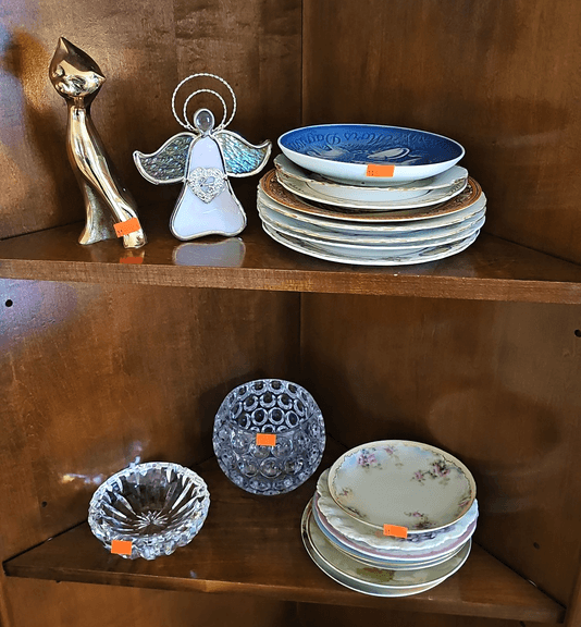 Decorative Plate Assortment with Brands Inc. Haviland France, Elite Linogers France, Etc., (cracked) Crystal Ash Tray, Mikasa Votive Candle Holder, etc.