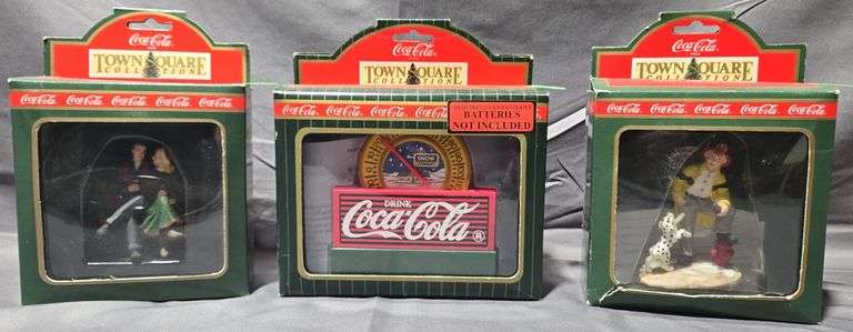 (3) Coca-Cola Town Square Collection Figurines Including "Sparky and The Fireman", Time Together" and "Thermometer"