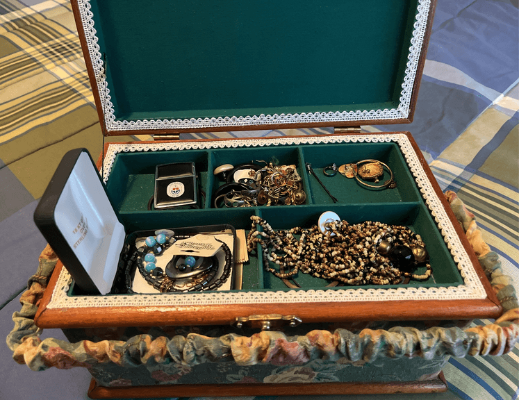 Padded Jewelry Box with Jewelry Contents Inc. Necklaces, Rings, Earrings, Zipper Lighter