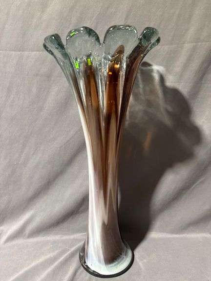 Hand-Blown Glass Vase with Fluted Rim and Swirled Color Accents ...