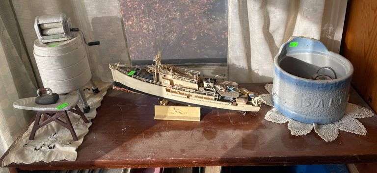 SaltGlazed Crock, Model Ship, HandCrank Wringer with Iron Metzger