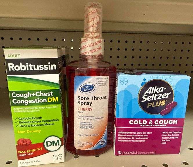 Robitussin Cough+Chest Congestion DM, Premier Value Sore Throat Spray ...