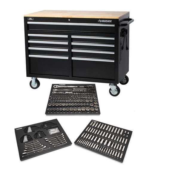 HUSKY - 46 in. W x 24.5 in D Standard Duty 9-Drawer Mobile Workbench with Mechanics Tool Set (290-Piece) in EVA in Gloss Black