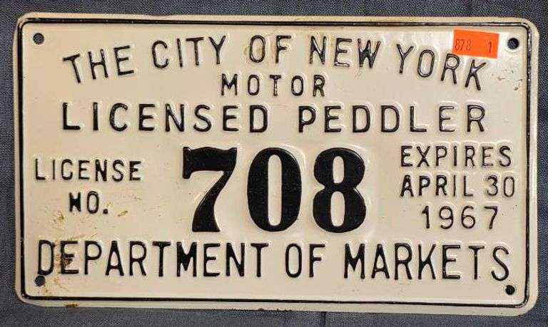 City of New York Licensed Peddler Dept. of Markets License Plate #708, Expires 1967