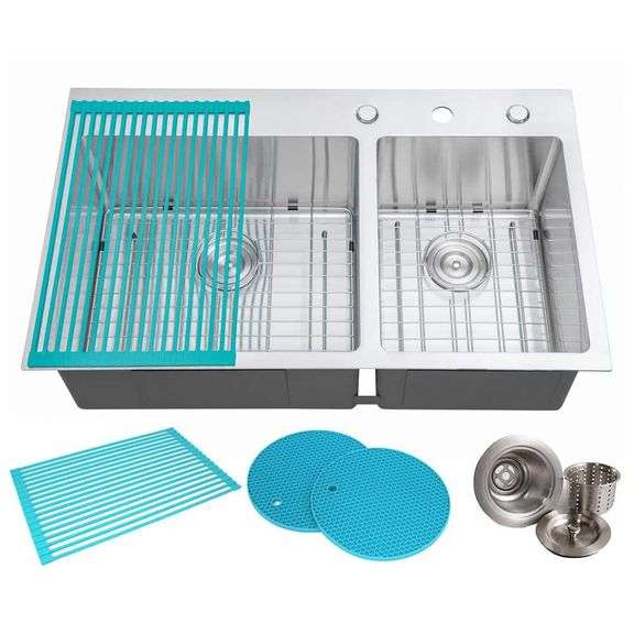 EMODERNDECOR - Drop-in Top Mount 16-Gauge Stainless Steel 36 in. x 22 in. x 10 in. 60/40 Offset Double Bowl Kitchen Sink Combo