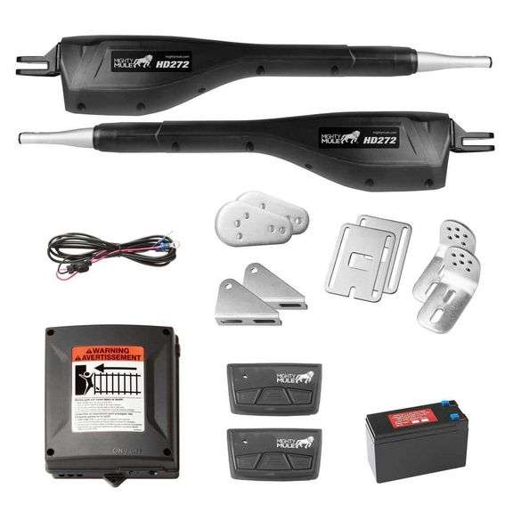 MIGHTY MULE - Lighty Duty Dual Swing Automatic Gate Opener Kit with Battery and 2-Remotes, up to 300 lb. per Gate Leaf, Solar Ready