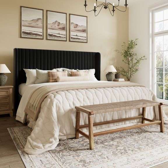 WILLA ARLO INTERIORS - Candler Velvet Upholstered Platform Bed with Wingback Headboard and Wooden Slats (Queen)