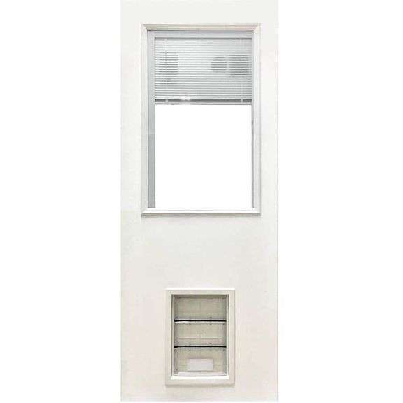 STEVSONS - 31-3/4 in. x 79 in. Reliant Clear Half Lite Mini-Blind White Primed Fiberglass Front Door Slab with Large Pet Door