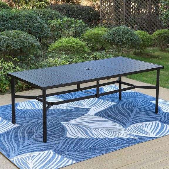 PHI VILLA - Black Slat Rectangle Metal Patio Outdoor Dining Table with 88 in. Blue Umbrella - SEE PRODUCT DETAILS